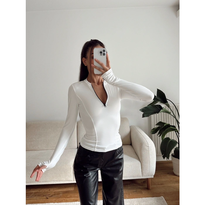 Parmak Geçmeli Fermuar Crop - BEYAZ