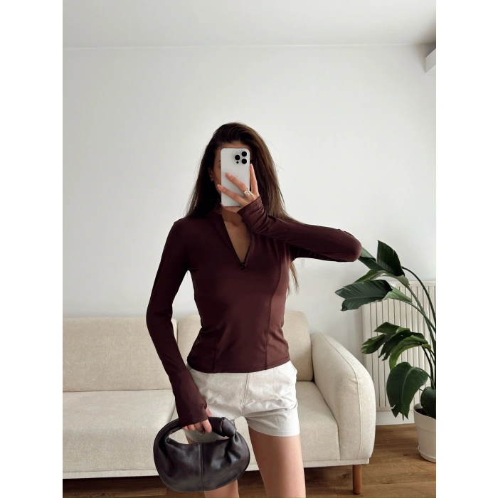 Parmak Geçmeli Fermuar Crop - KAHVE