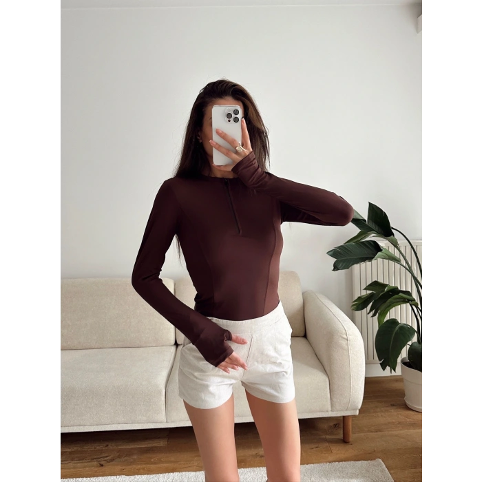 Parmak Geçmeli Fermuar Crop - KAHVE