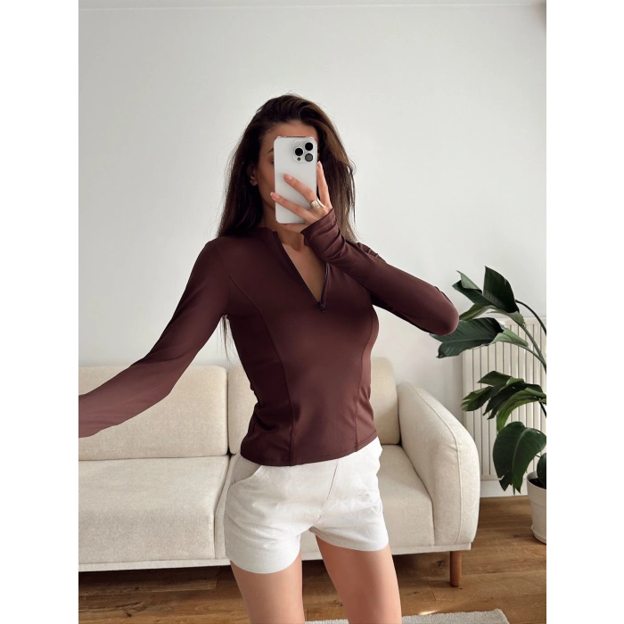 Parmak Geçmeli Fermuar Crop - KAHVE