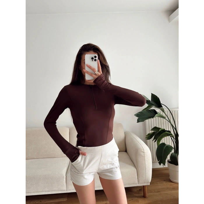 Parmak Geçmeli Fermuar Crop - KAHVE