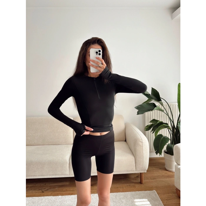 Parmak Geçmeli Fermuar Crop - SİYAH