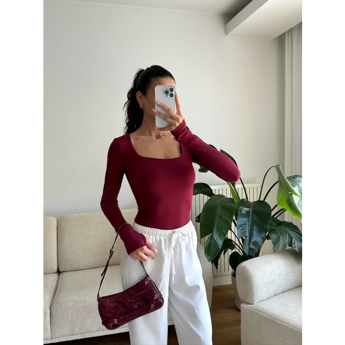 Parmak Geçmeli Kare Yaka Crop - BORDO