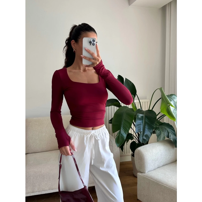 Parmak Geçmeli Kare Yaka Crop - BORDO