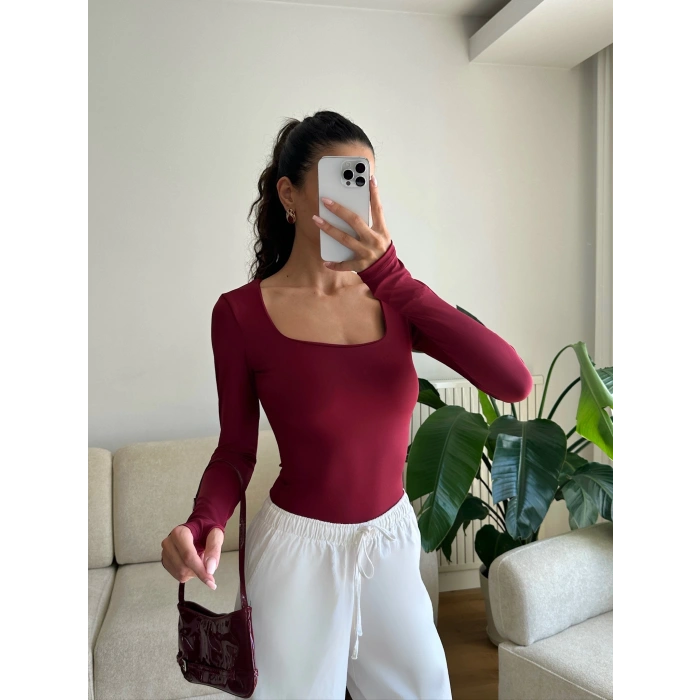 Parmak Geçmeli Kare Yaka Crop - BORDO