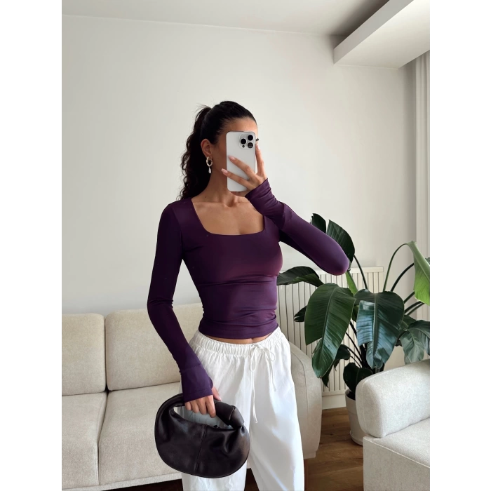 Parmak Geçmeli Kare Yaka Crop - MOR