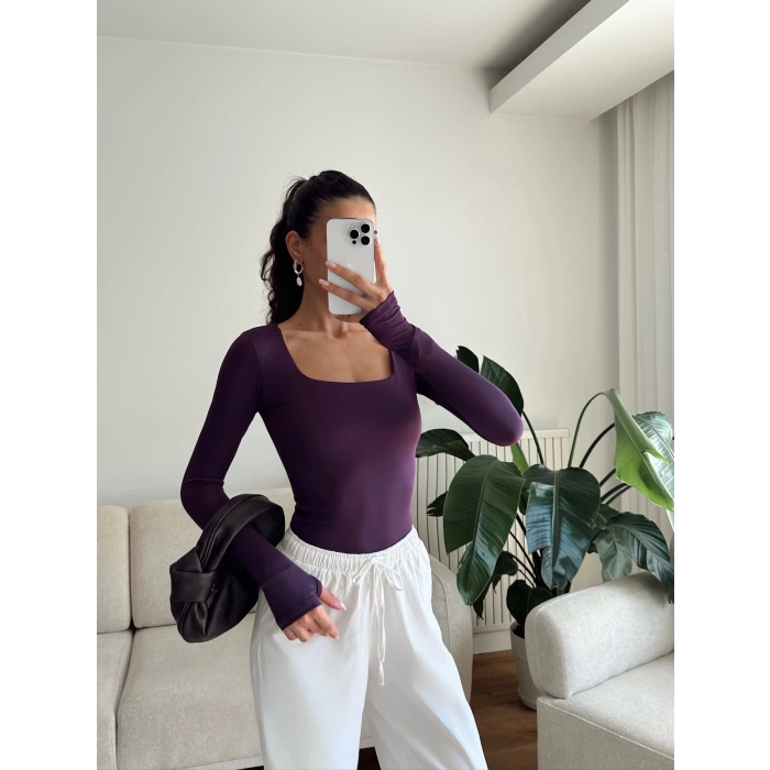 Parmak Geçmeli Kare Yaka Crop - MOR