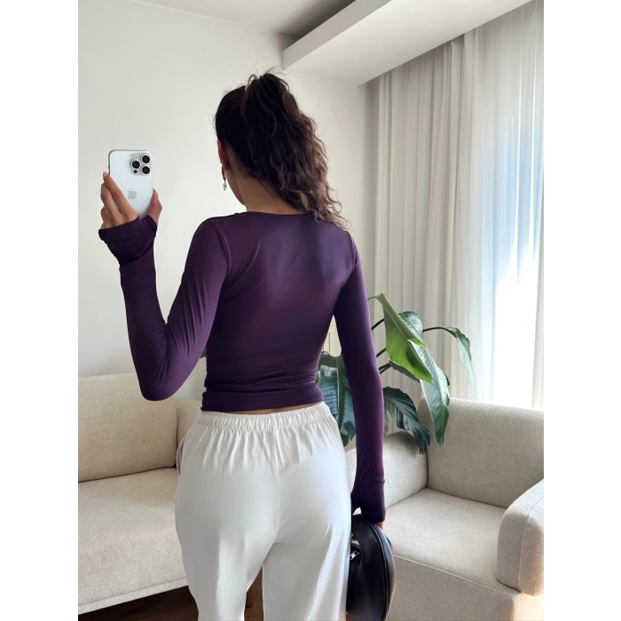 Parmak Geçmeli Kare Yaka Crop - MOR