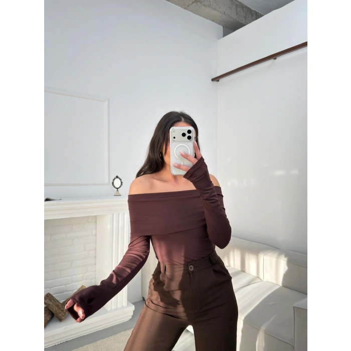 Parmak Geçmeli Madonna Bodysuit - KAHVE