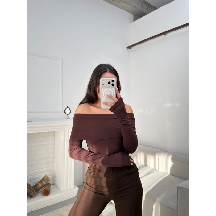 Parmak Geçmeli Madonna Bodysuit - KAHVE