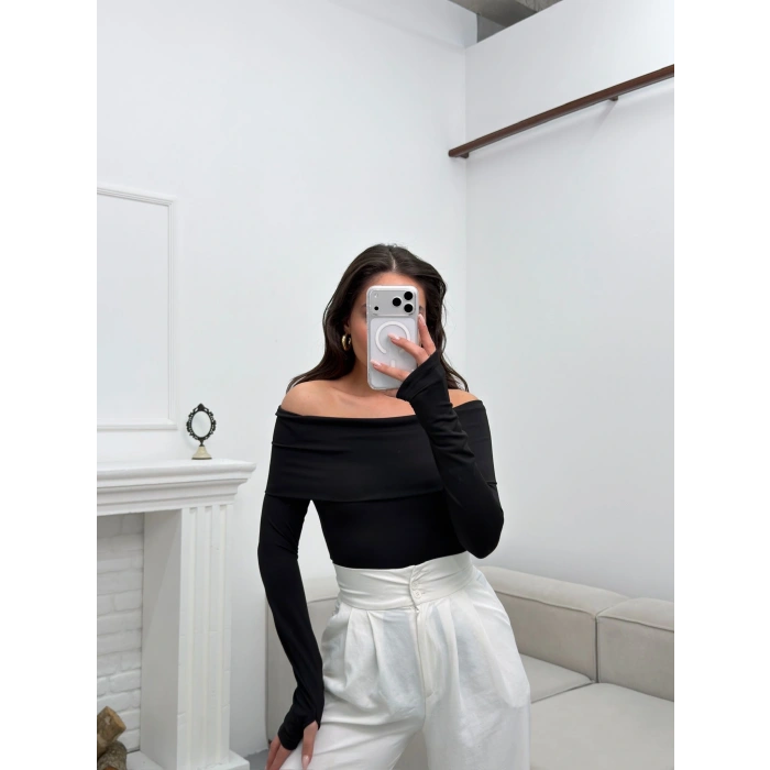 Parmak Geçmeli Madonna Bodysuit - SİYAH