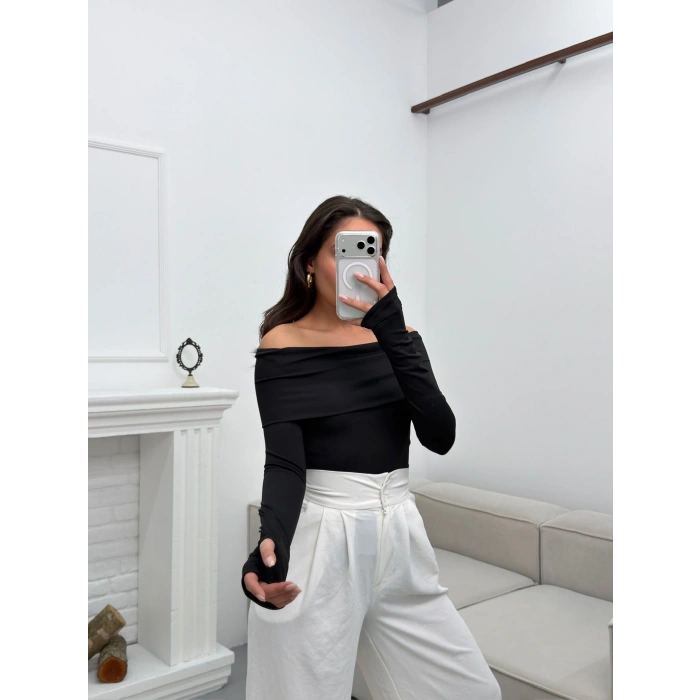 Parmak Geçmeli Madonna Bodysuit - SİYAH