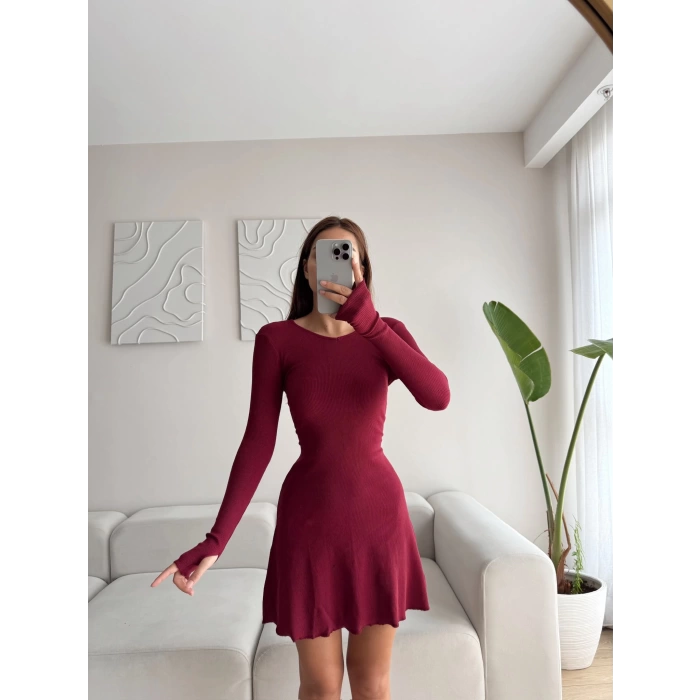 Parmak Geçmeli Sırt Bağcık Elbise - BORDO