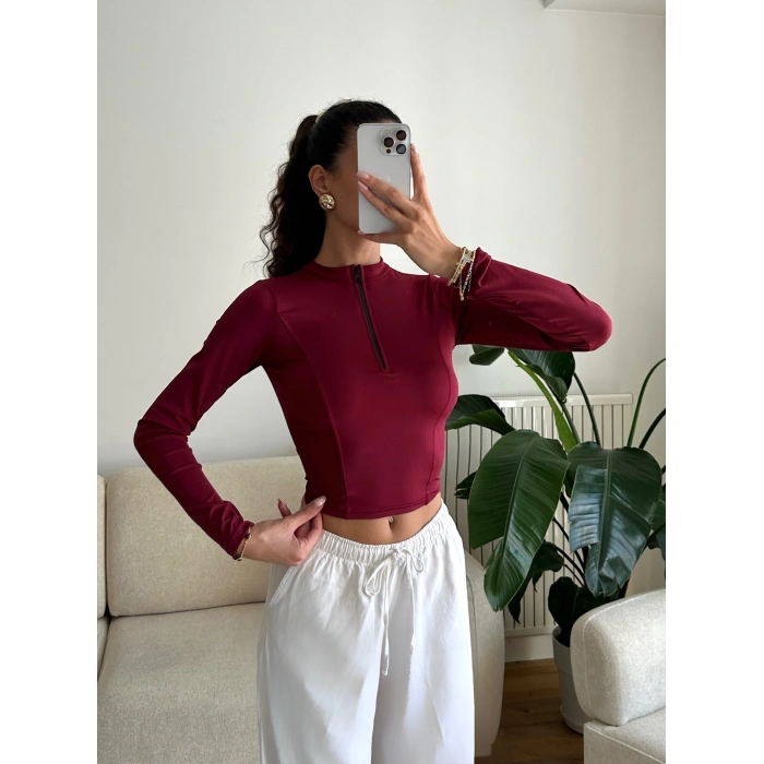 Parmak Germeli Fermuar Crop - BORDO