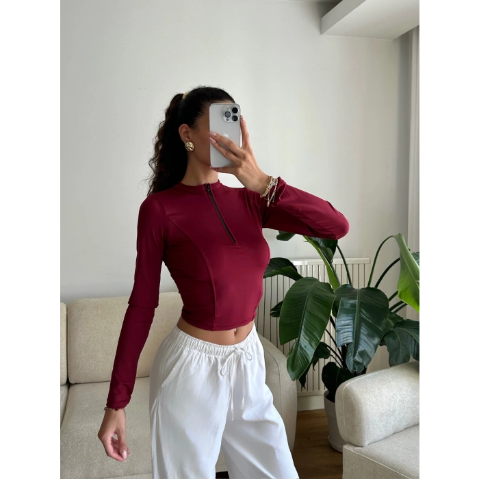 Parmak Germeli Fermuar Crop - BORDO