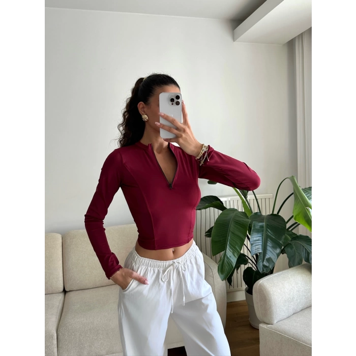 Parmak Germeli Fermuar Crop - BORDO