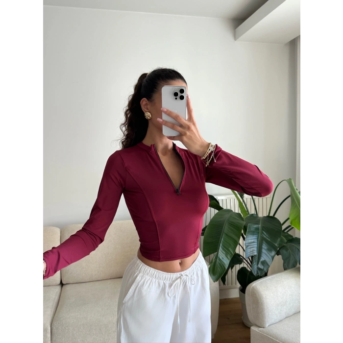 Parmak Germeli Fermuar Crop - BORDO