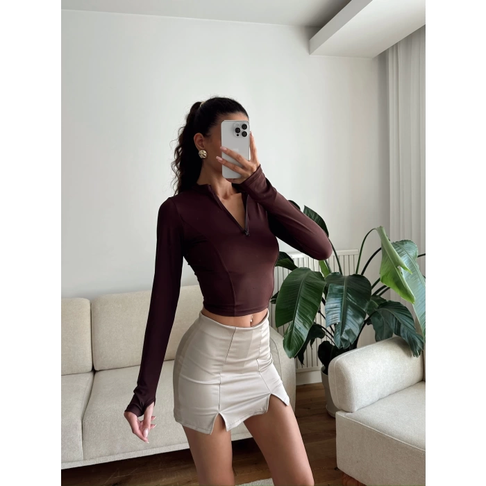 Parmak Germeli Fermuar Crop - KAHVE