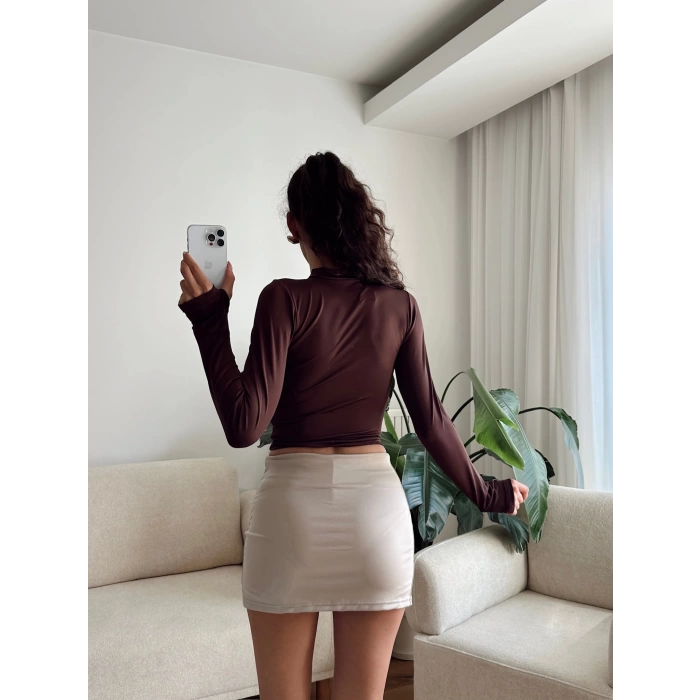 Parmak Germeli Fermuar Crop - KAHVE