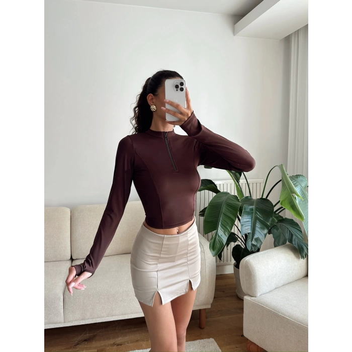 Parmak Germeli Fermuar Crop - KAHVE