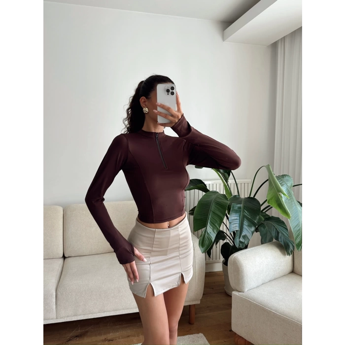 Parmak Germeli Fermuar Crop - KAHVE