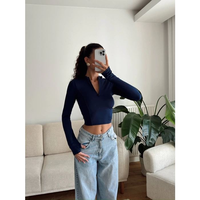 Parmak Germeli Fermuar Crop - LACİVERT