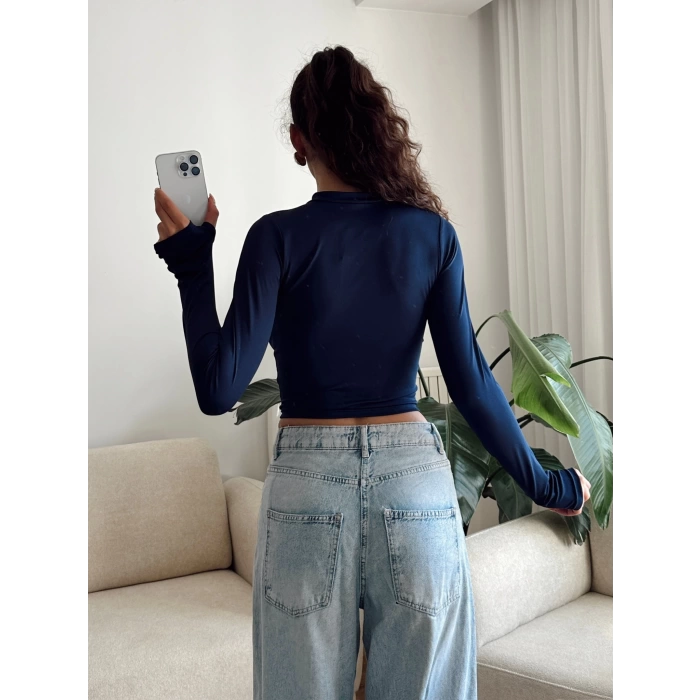 Parmak Germeli Fermuar Crop - LACİVERT