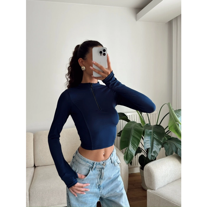 Parmak Germeli Fermuar Crop - LACİVERT