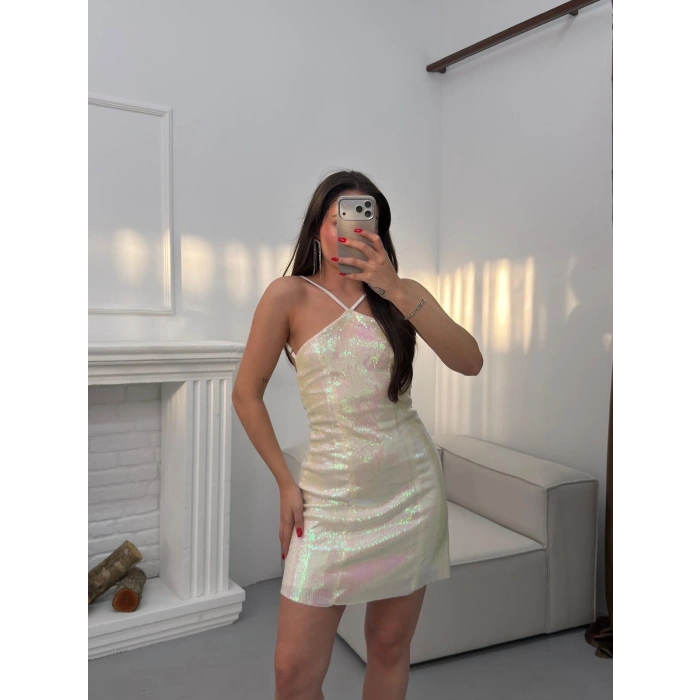 Payetli Sırt Dekolte Elbise - EKRU