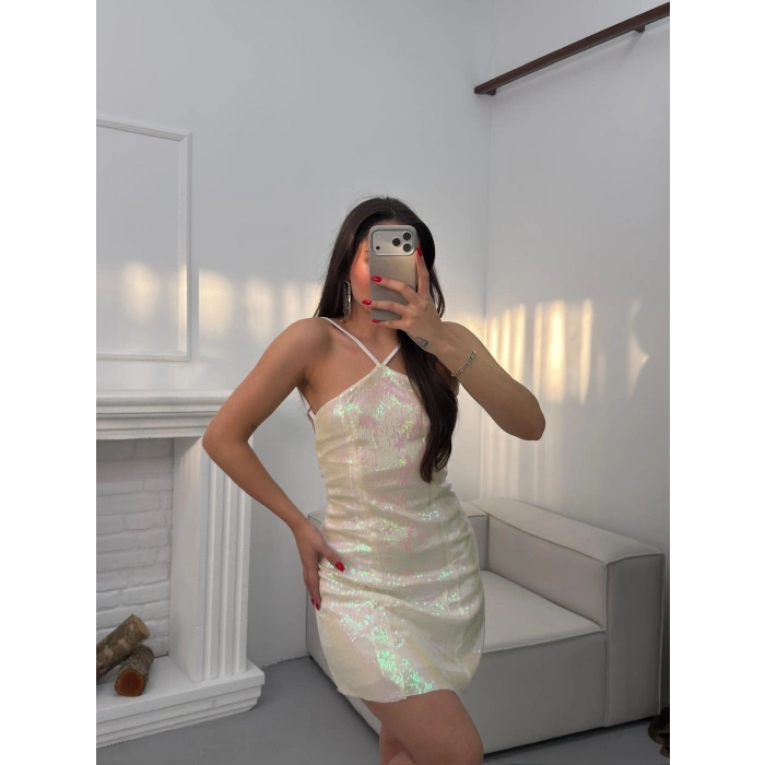 Payetli Sırt Dekolte Elbise - EKRU