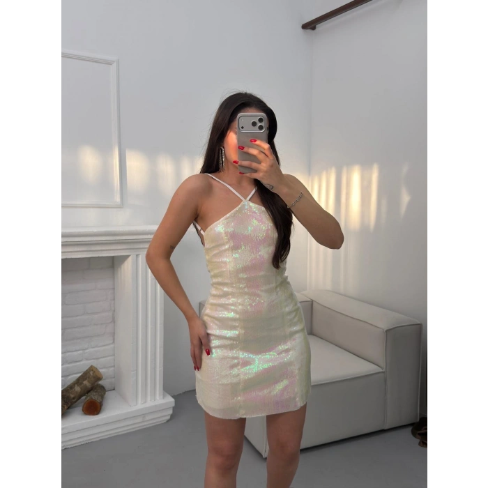 Payetli Sırt Dekolte Elbise - EKRU