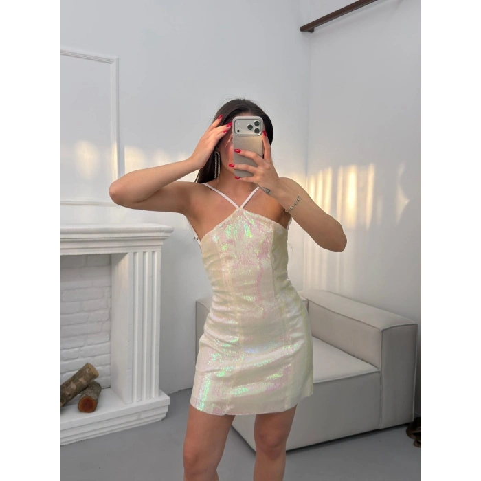 Payetli Sırt Dekolte Elbise - EKRU