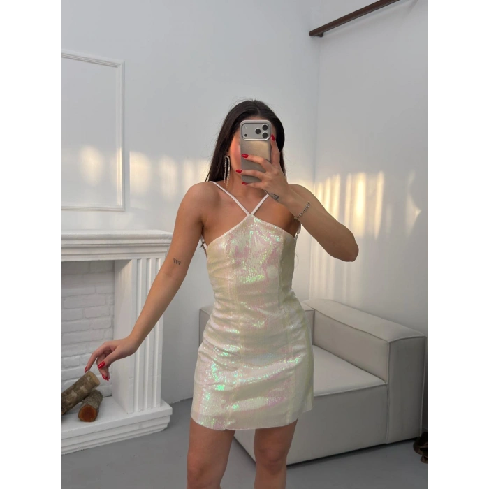 Payetli Sırt Dekolte Elbise - EKRU