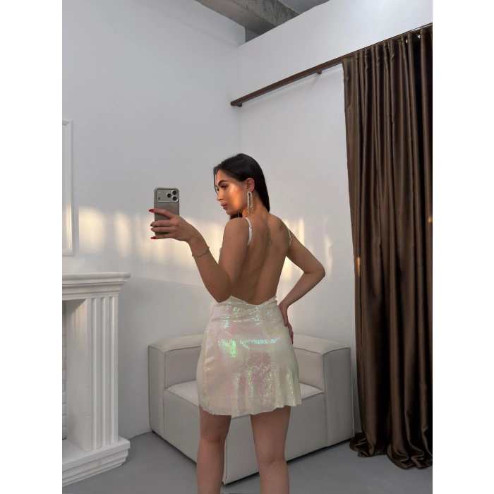 Payetli Sırt Dekolte Elbise - EKRU