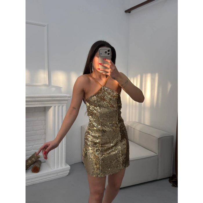 Payetli Sırt Dekolte Elbise - GOLD