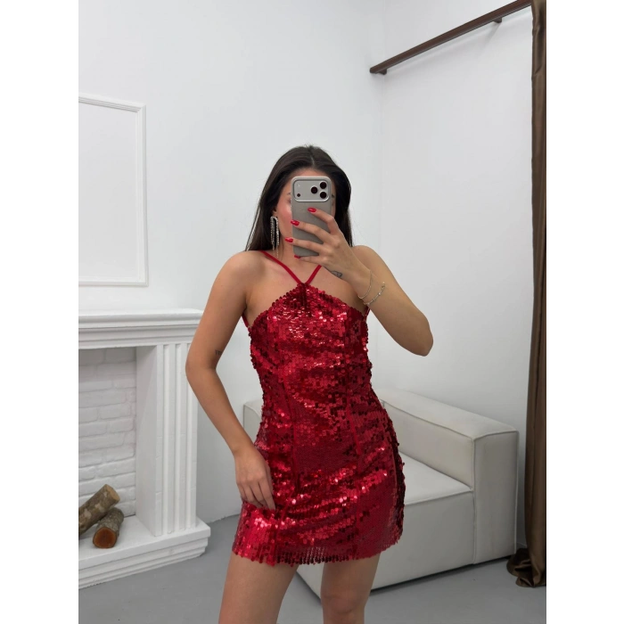 Payetli Sırt Dekolte Elbise - KIRMIZI