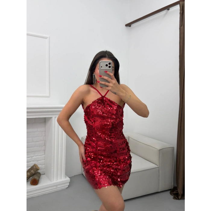 Payetli Sırt Dekolte Elbise - KIRMIZI