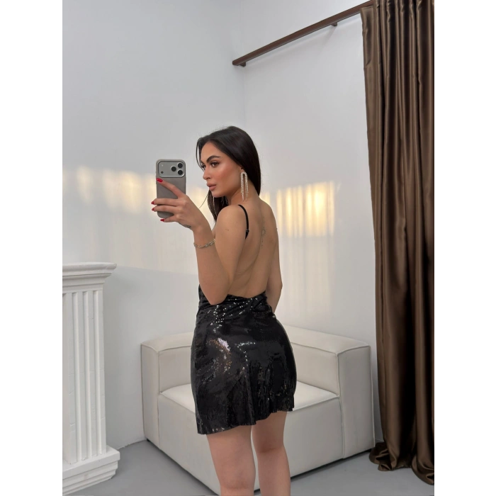 Payetli Sırt Dekolte Elbise - SİYAH