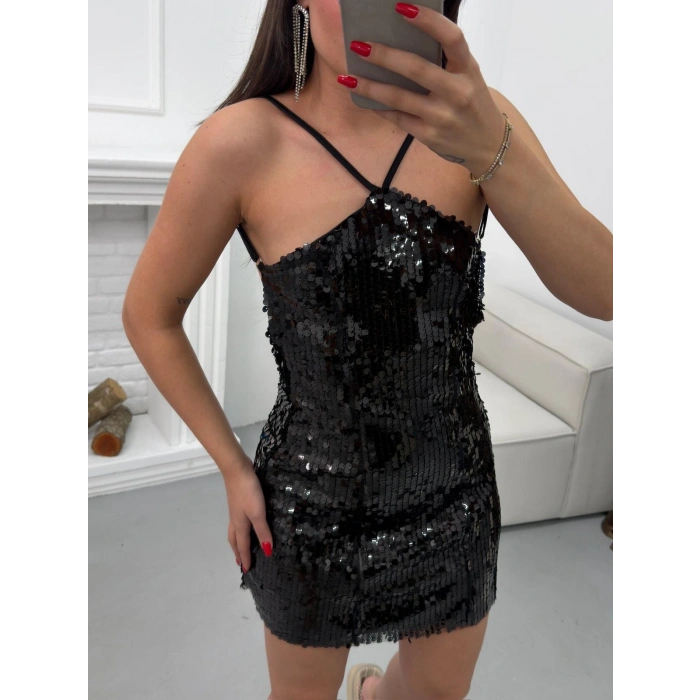 Payetli Sırt Dekolte Elbise - SİYAH