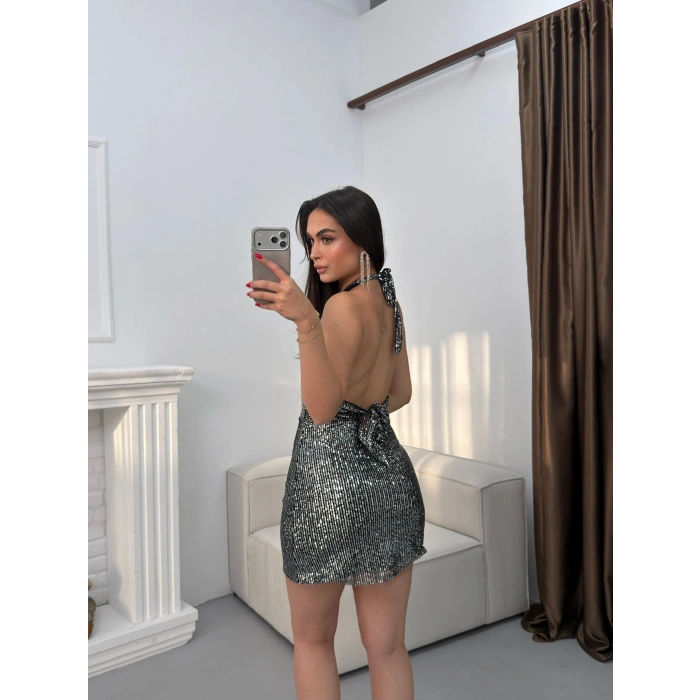 Payetli Sırt Detay Fit Elbise - GÜMÜŞ