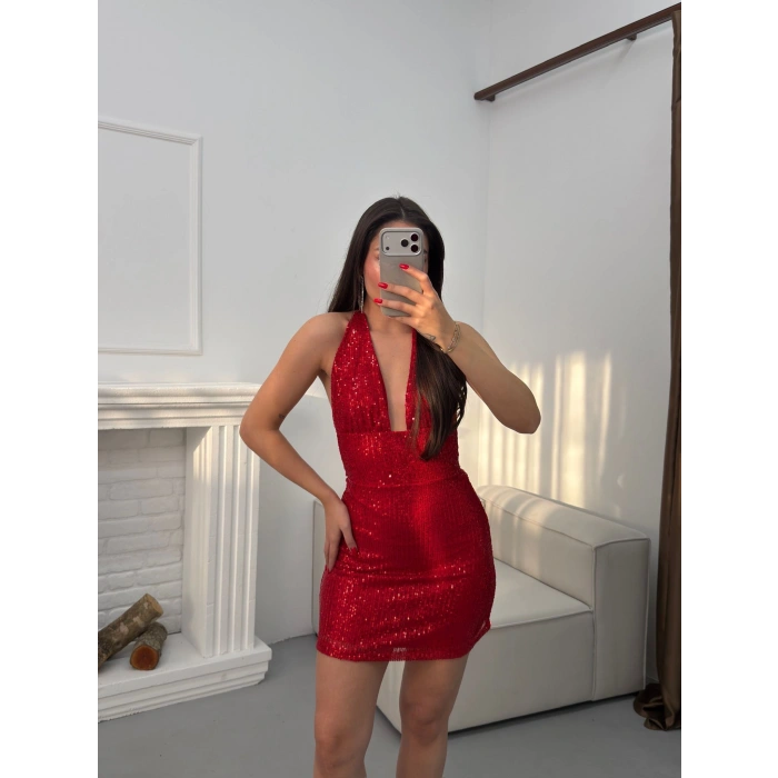 Payetli Sırt Detay Fit Elbise - KIRMIZI