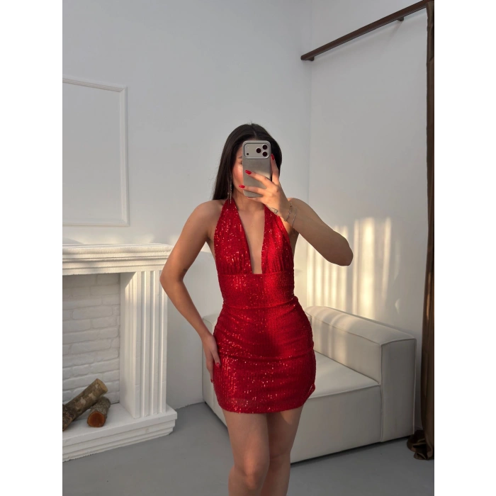 Payetli Sırt Detay Fit Elbise - KIRMIZI