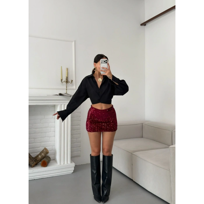 Payetli Şort Etek - BORDO