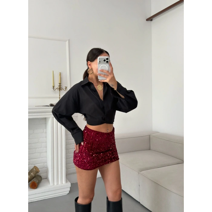 Payetli Şort Etek - BORDO