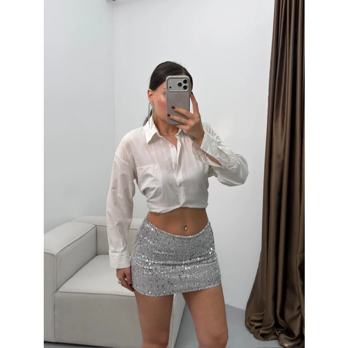 Payetli Şort Etek - GRİ