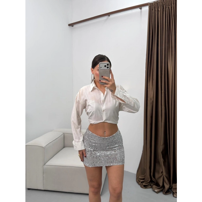 Payetli Şort Etek - GRİ