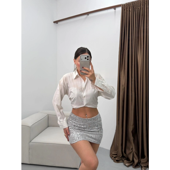 Payetli Şort Etek - GRİ