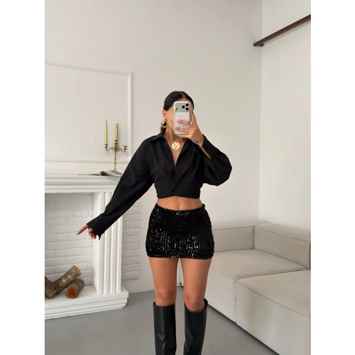 Payetli Şort Etek - SİYAH