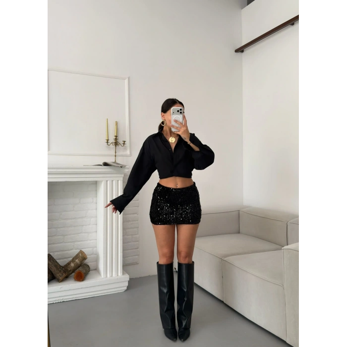 Payetli Şort Etek - SİYAH