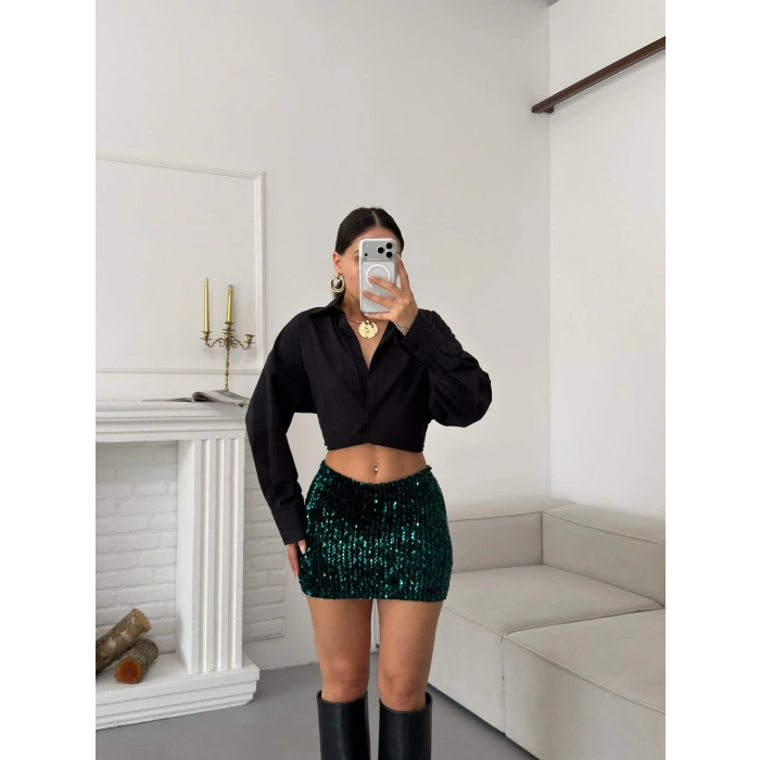 Payetli Şort Etek - YEŞİL